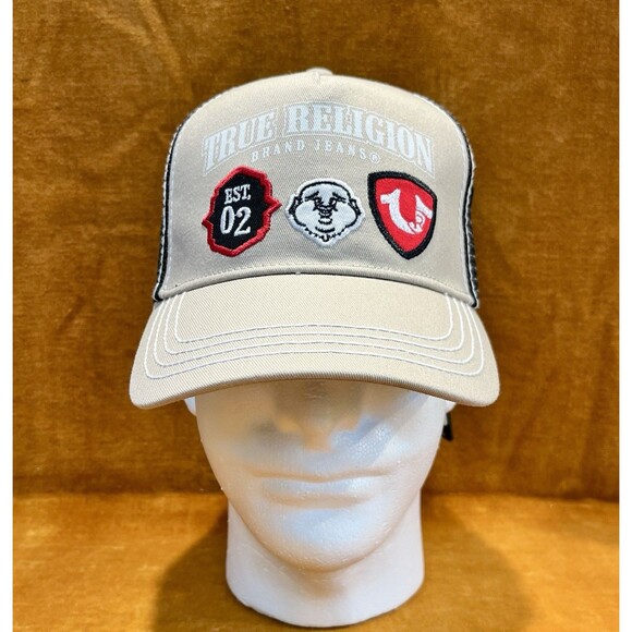 TRUE RELIGION Buddha Patch Trucker Snapback Hat Tan Black Men’s - Picture 1 of 6